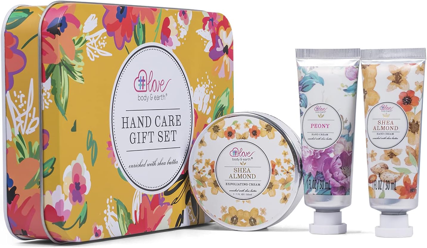body & earth # love hand cream gift set hand care set with shea butter, travel size hand lotion set for women, skin care gift set includes 2 hand cream exfoliating cream, gift box for women birthday