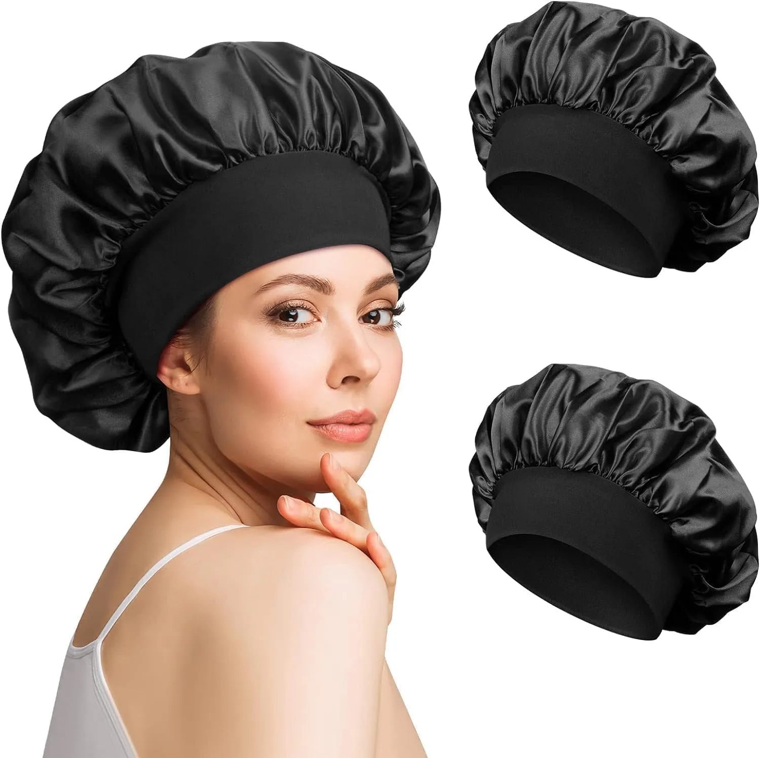McMola 2pcs Satin Bonnet Silk Bonnet for Curly Hair, Hair Bonnet Silk Hair Wrap for Sleeping, Night Sleep Cap for Women (Black)
