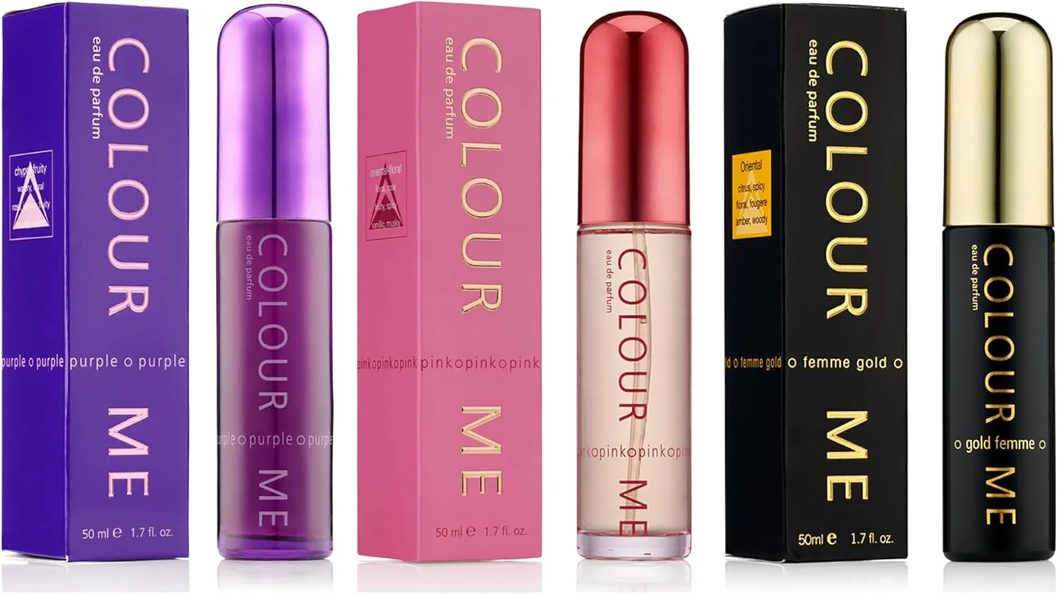Colour Me Pink/Purple/Gold Femme Triple Pack, Fragrance for Women, 3 x 50ml Eau de Parfum, 3x50ml