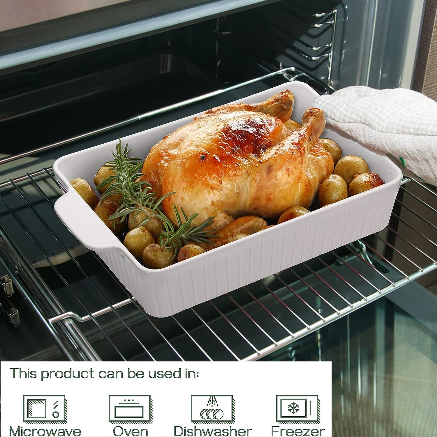 spnor casserole dish, 39 * 22 cm ceramic baking dish, large lasagna pan deep, casserole dishes for oven, 135 oz deep baking pan with handles, oven safe and durable bakeware for lasagna, roasts, white