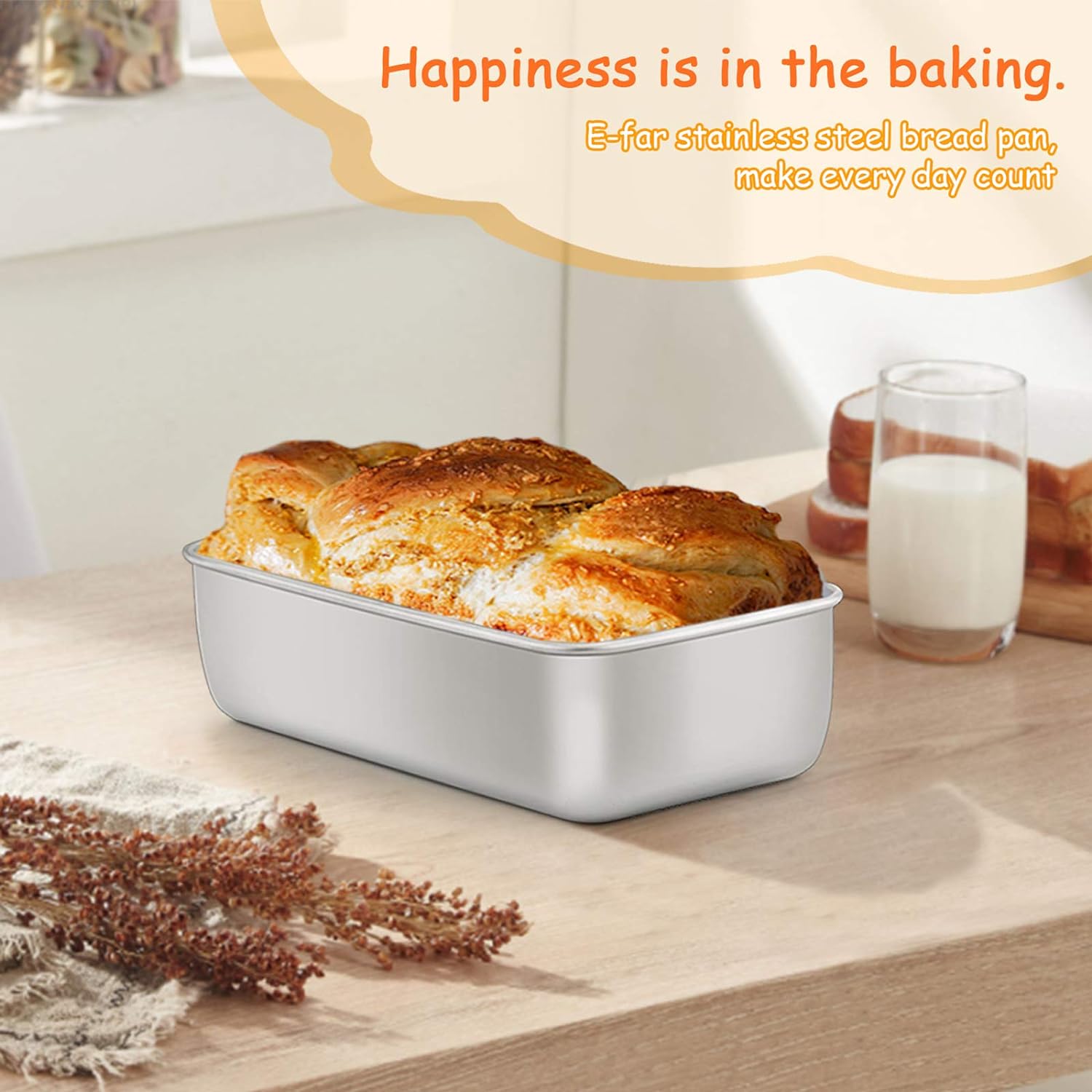 e far loaf pan for baking bread, 9 x 5 inch stainless steel baking loaf pans, metal bakeware for bread meatloaf cake brownies, healthy & non toxic, easy release & dishwasher safe set of 2