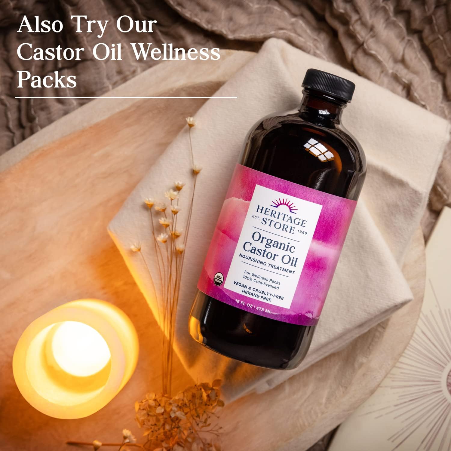 heritage store palma christi organic castor oil | hair and eyebrow growth | skin moisturizer | cold pressed, hexane & fragrance free | 16 oz