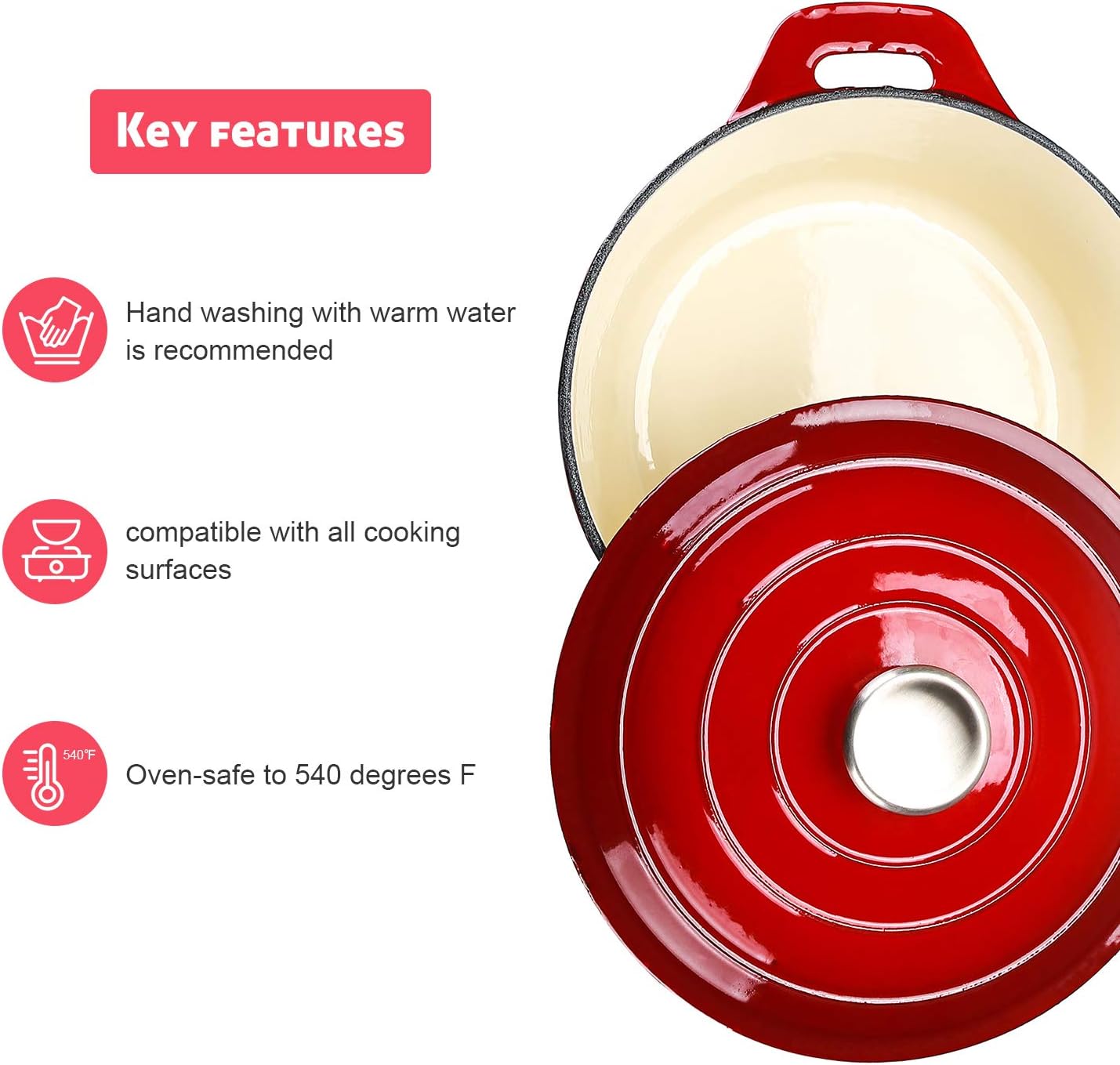 puricon 5.5 quart enameled cast iron dutch oven with lid, 5.5 qt deep round dutch oven pot with dual handles red