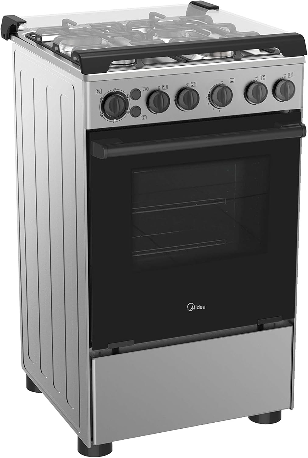 midea 50x55cm freestanding cooker, full gas cooking range with 4 burners, stainless steel, automatic ignition & full safety, cast iron pan support, mechanical timer, heat resistant knobs, bme55007ffd