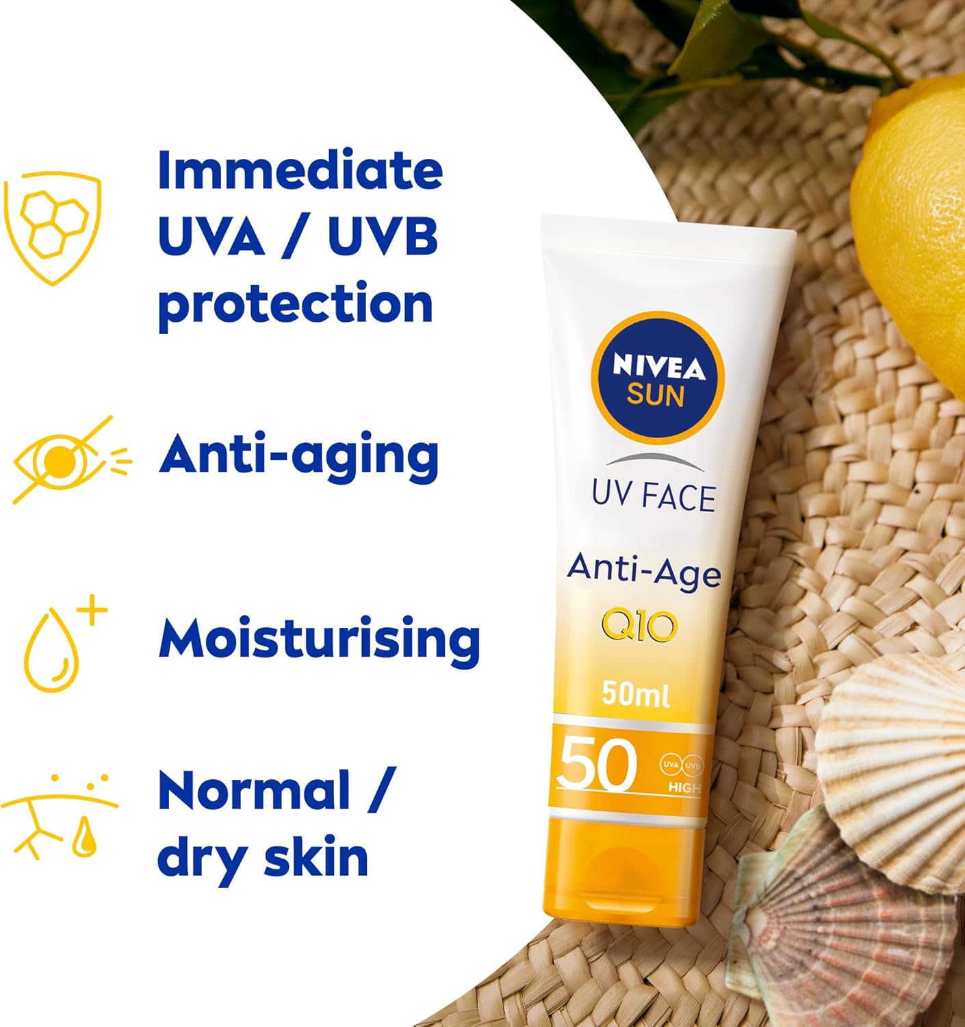 nivea sun face cream, spf 50, high uva and uvb protection, with q10 technology, anti age, water resistant, non greasy, 50ml
