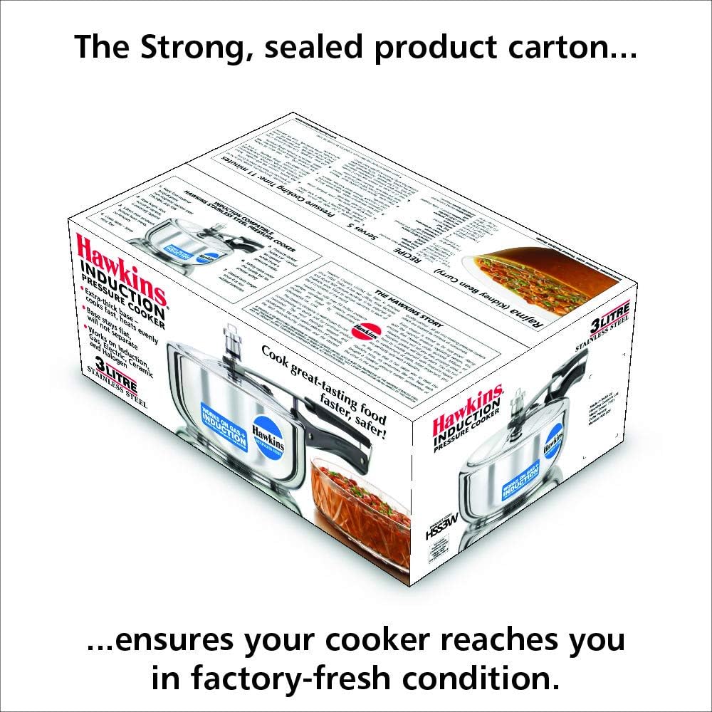 hawkins 3 litre inner lid pressure cooker, stainless steel cooker, wide design pan cooker, induction cooker, silver (hss3w)