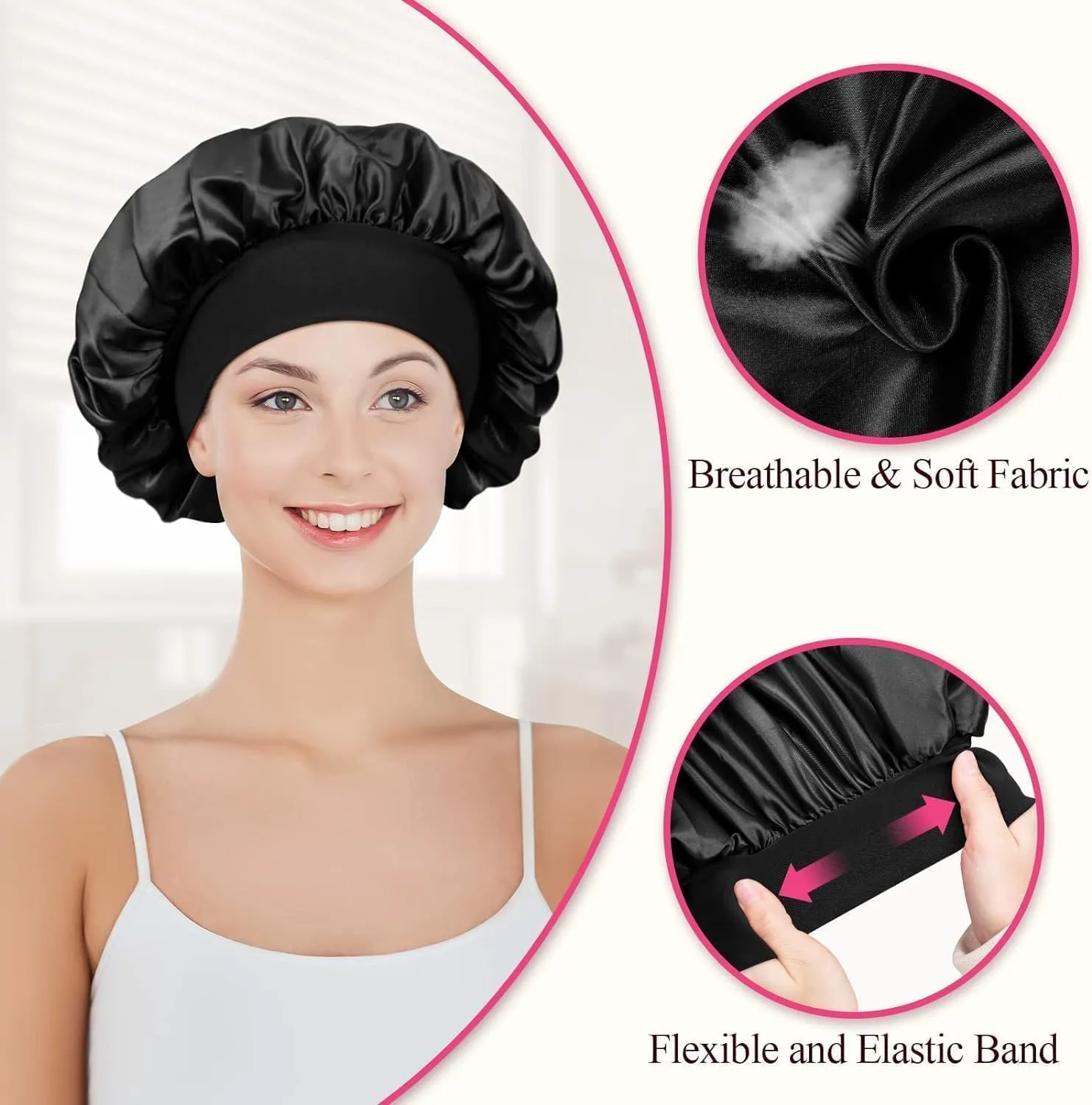 McMola 2pcs Satin Bonnet Silk Bonnet for Curly Hair, Hair Bonnet Silk Hair Wrap for Sleeping, Night Sleep Cap for Women (Black)
