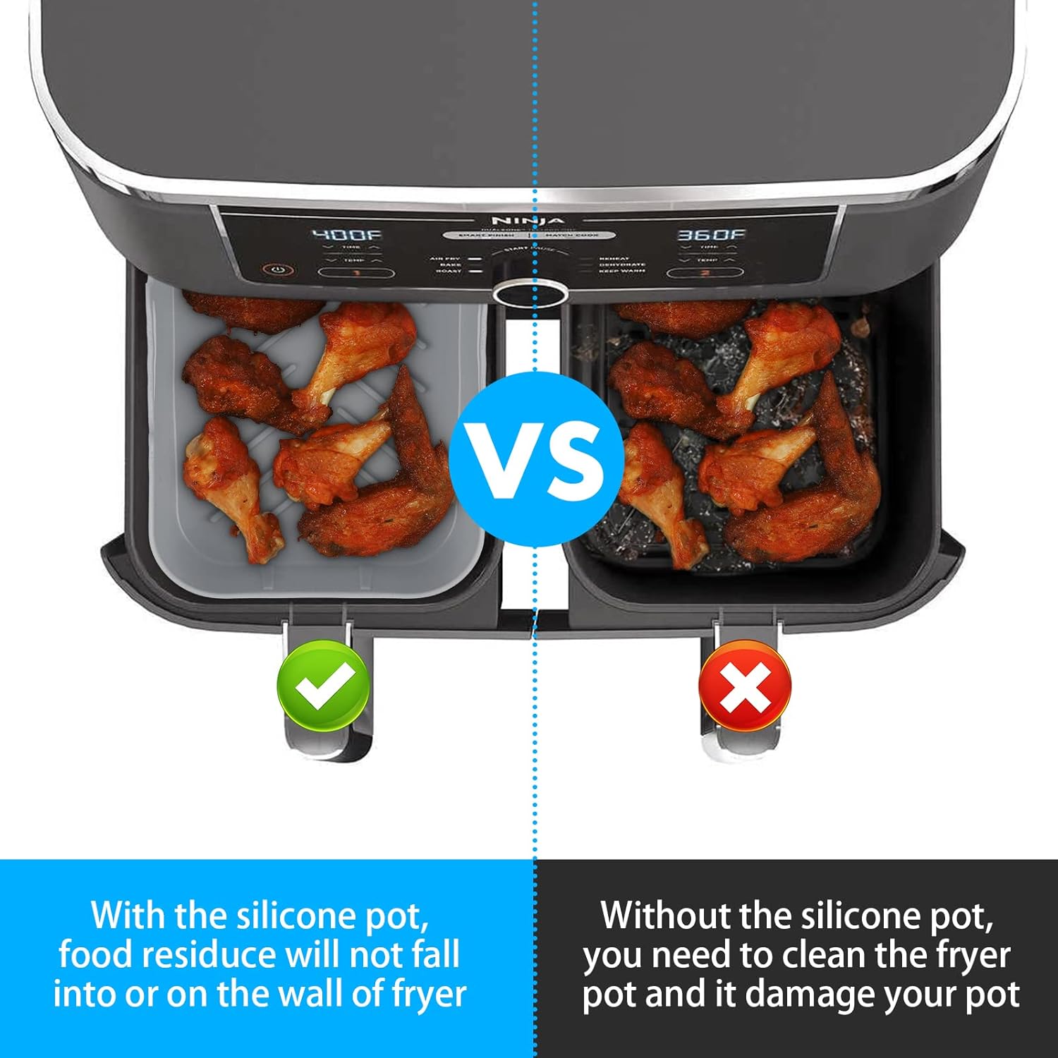 air fryer silicone liners 2pcs for ninja dual dz401 dualzone,air fryer silicone pot reusable silicone air fryer liners non stick air fryer basket accessories replacement baking tray (dz401 grey 2pcs)