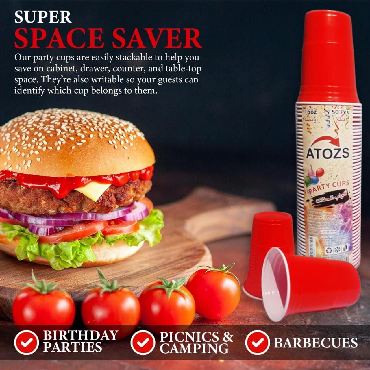 atozs 16 ounce plastic party cups red (50 pack) disposable plastic cups, red 16 ounce disposable plastic party cups, red heavy duty cups, ideal for weddings, party’s, birthdays, dinners, lunch’s.