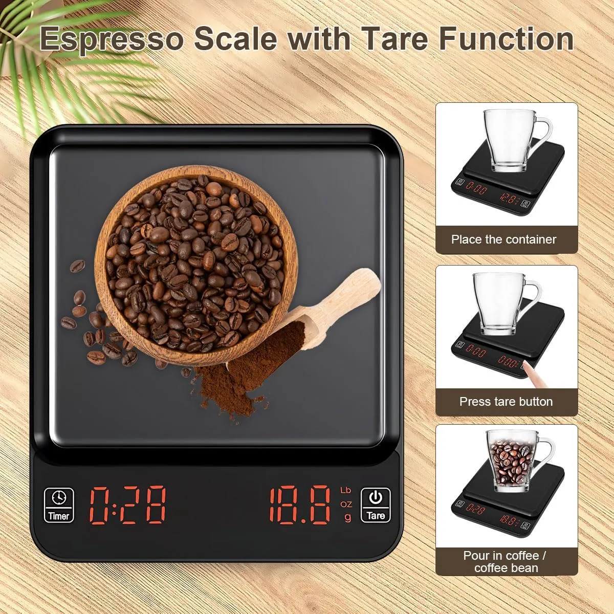 Gluckluz Coffee Scale with Timer 3kg/0.1g High Precision Rechargeable Digital Coffee Beans Espresso Food Weighing Scale with Tare Function & LED Display for Kitchen Pour Over