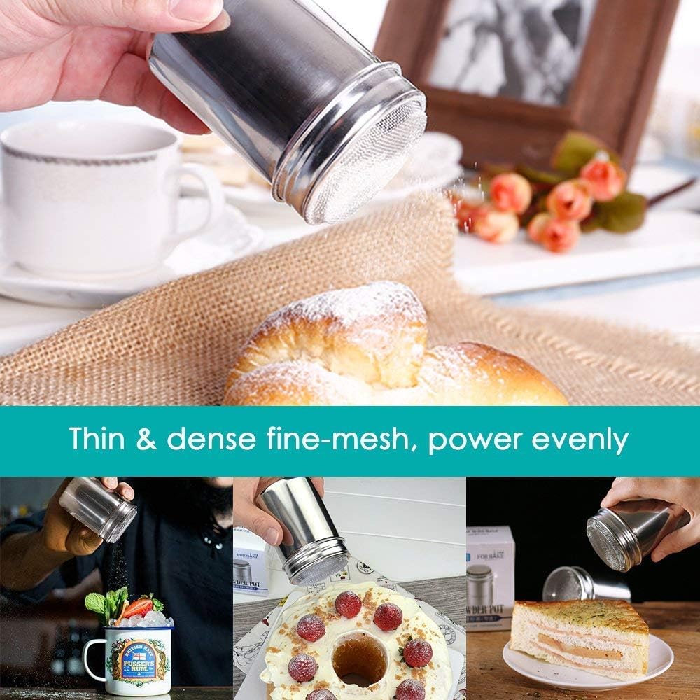 oban 2 stainless steel powder shakers, mesh shaker powder cans for coffee cocoa cinnamon powder with lid, with 16 pcs printing molds stencils