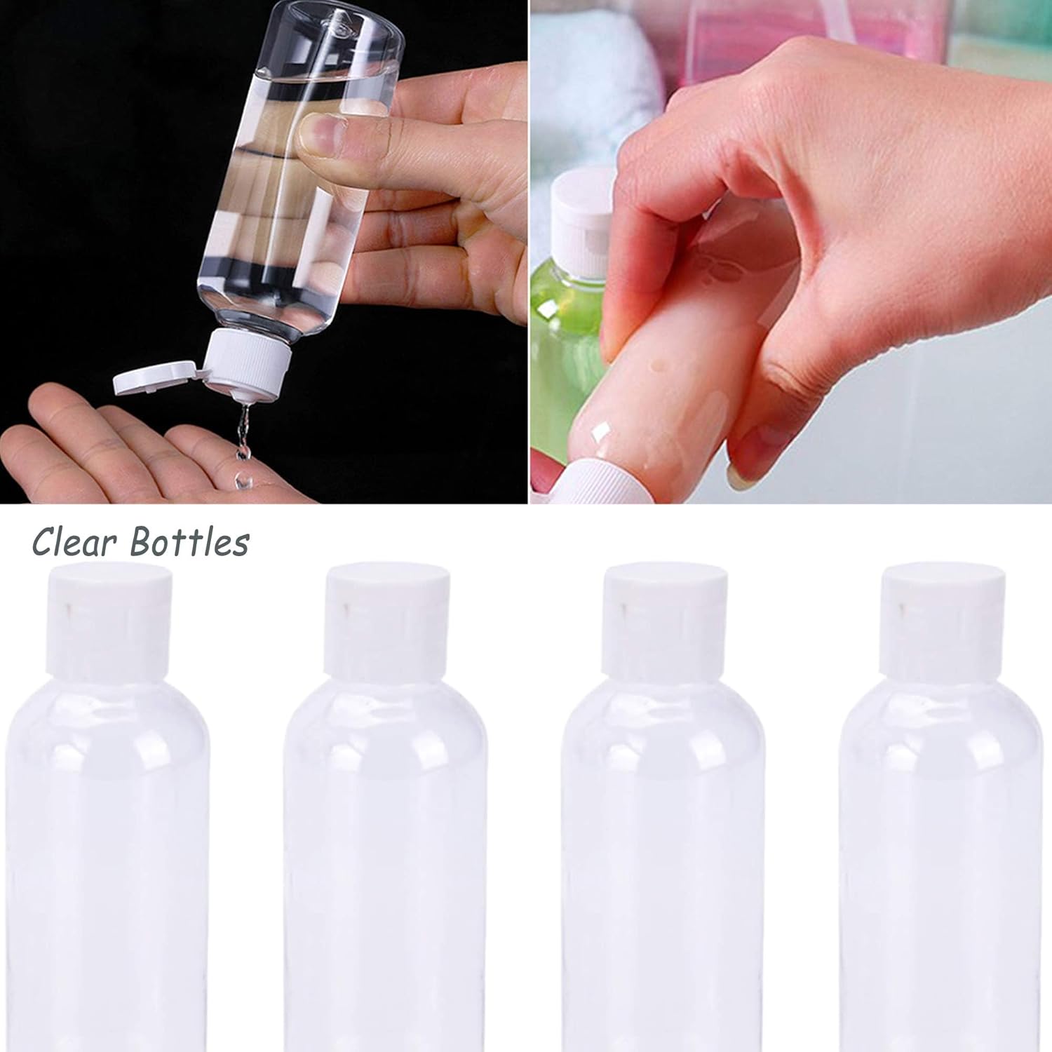 eoper 4 pack 100ml empty clear plastic squeeze bottles with disc top flip cap travel bottle bpa free containers for shampoo, lotions, liquid body soap, creams