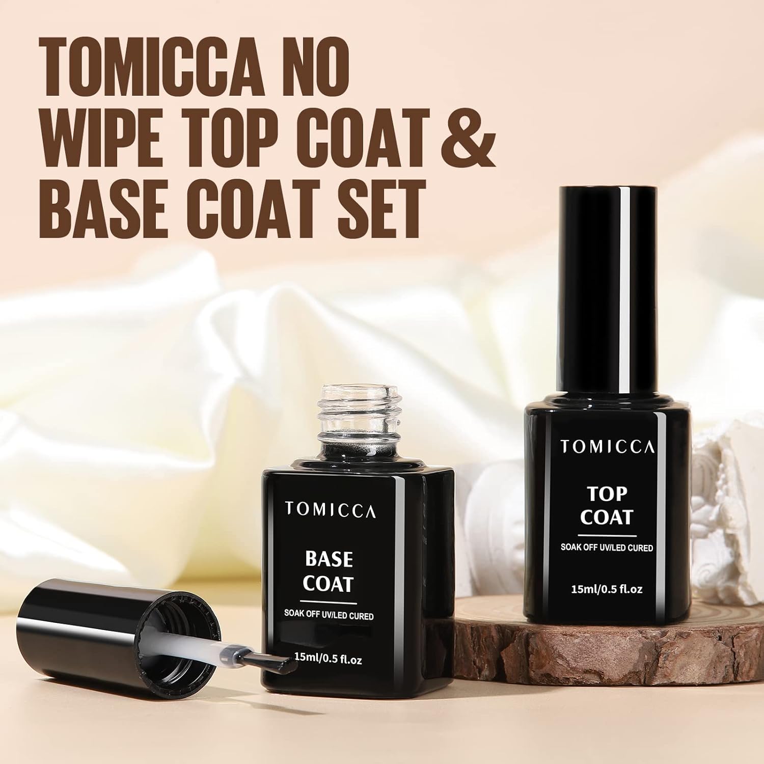 tomicca 2 pcs 15ml no wipe top coat base coat soak off set, shine finish and long lasting, soak off led gel base top coat glossy shine finish, base coat and top coat for nail polish