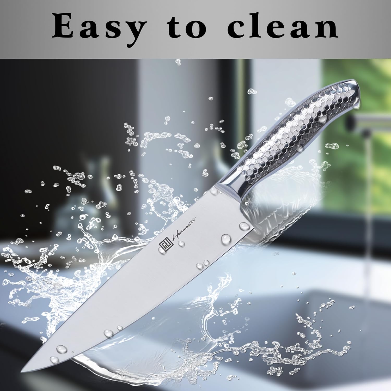 hanmaster kitchen knife set, one piece stainless steel knife sets for kitchen with block, 6 pieces solid natural wood knife block set, gift box packed, silver.