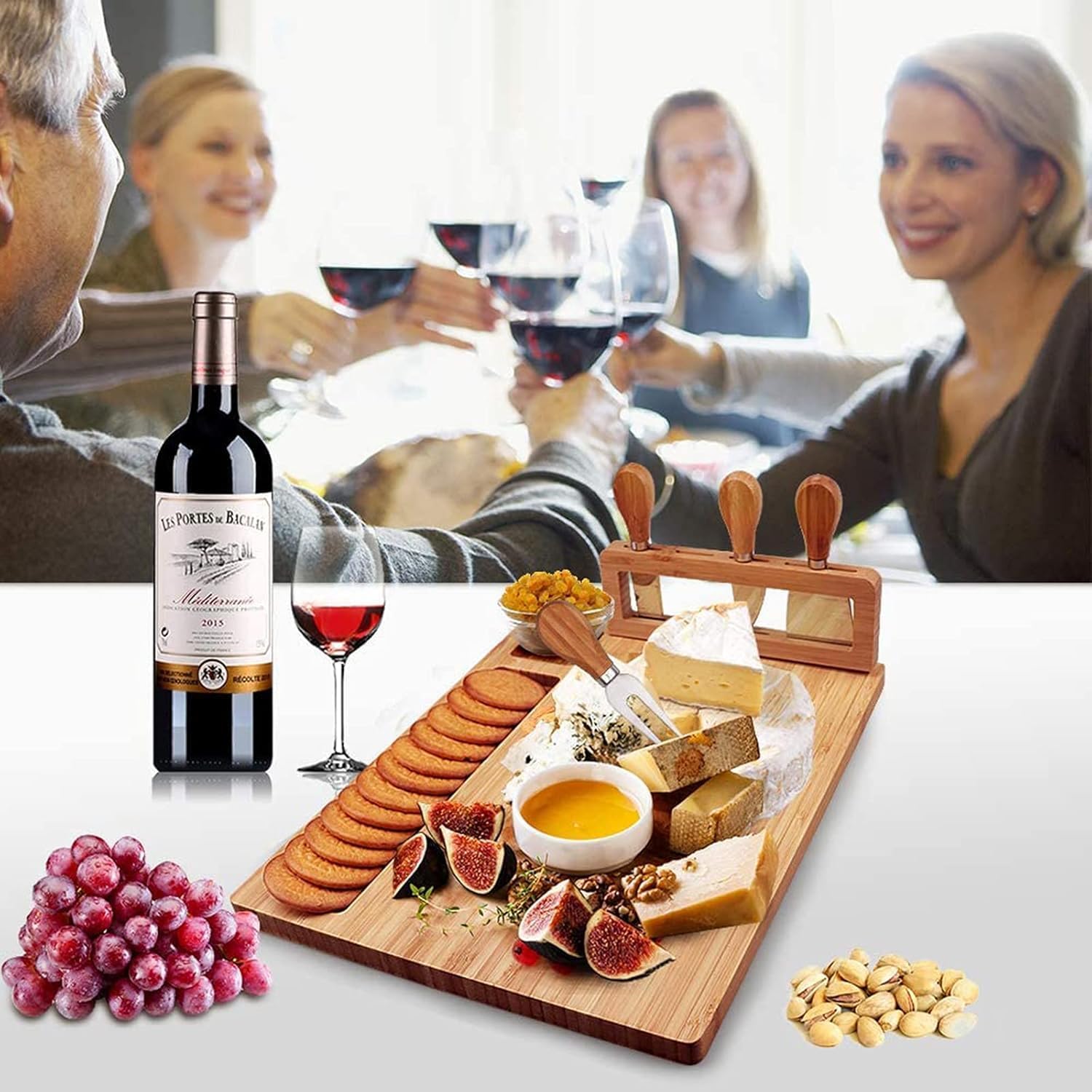 silk route cheese board set with stainless steel cheese knives 4 pieces, 14 inch x 11 inch size, natural bamboo