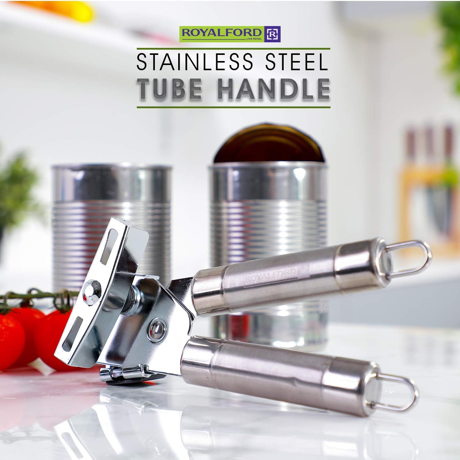 royalford 3 in 1 can opener with stainless steel tube handle | manual tin can opener | easy to use bottle cap opener, can tin & jar opener all in 1 | easy turn knob and ergonomic soft grips handles
