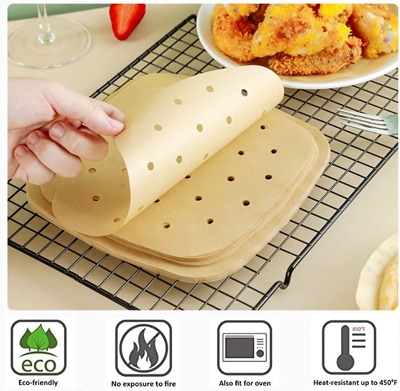 tsbfeery 100 pcs square air fryer parchment paper 8.5 inch unbleached square air fryer liners/steaming parchment liner for air fryer, steaming basket (8.5inch)