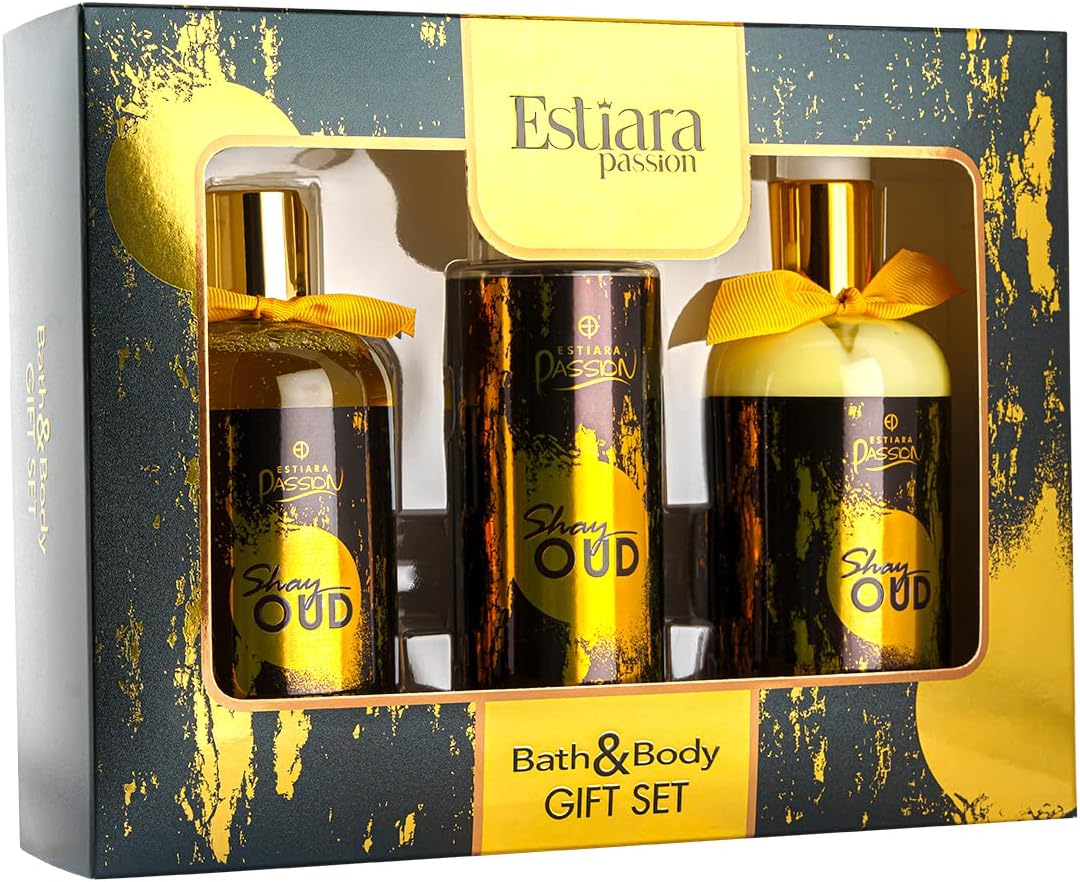 estiara passion shay oud bath & body beauty skincare 3 piece gift set red shay oud body lotion 350ml shay oud shower gel 350ml shay oud natural french fragrance mist 250ml