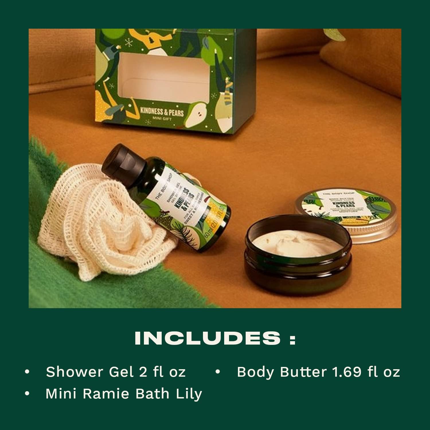 the body shop kindness & pears mini gift set, festive skincare treats, vegan, fruity, 3 count
