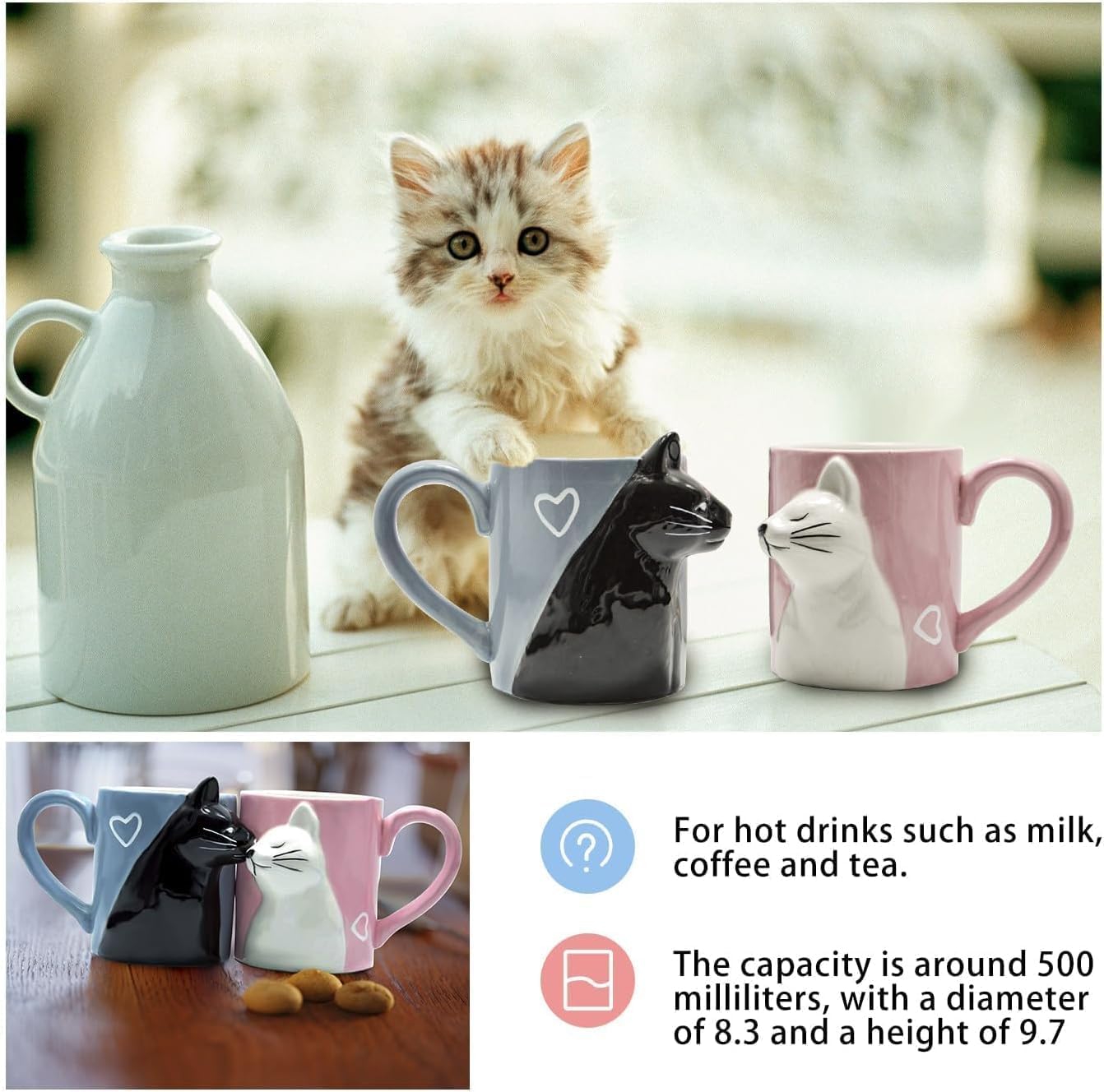 bignosedeer kiss cat coffee couple mug set, unique funny tea ceramic cup set for bride and groom, matching gift for birthday, anniversary, wedding, engagement valentines day girlfriend wife (cat mug)