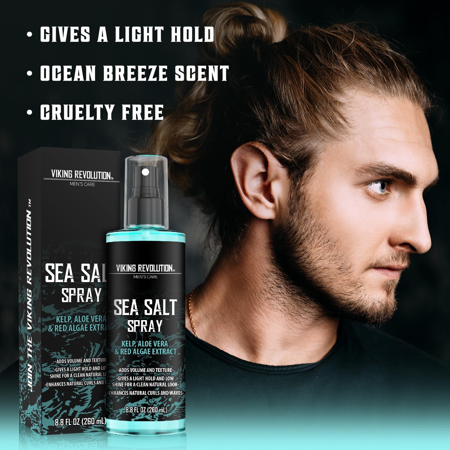 viking revolution sea salt spray for hair men hair spray with kelp, aloe vera & red algae surf spray to add volume and texture 260ml