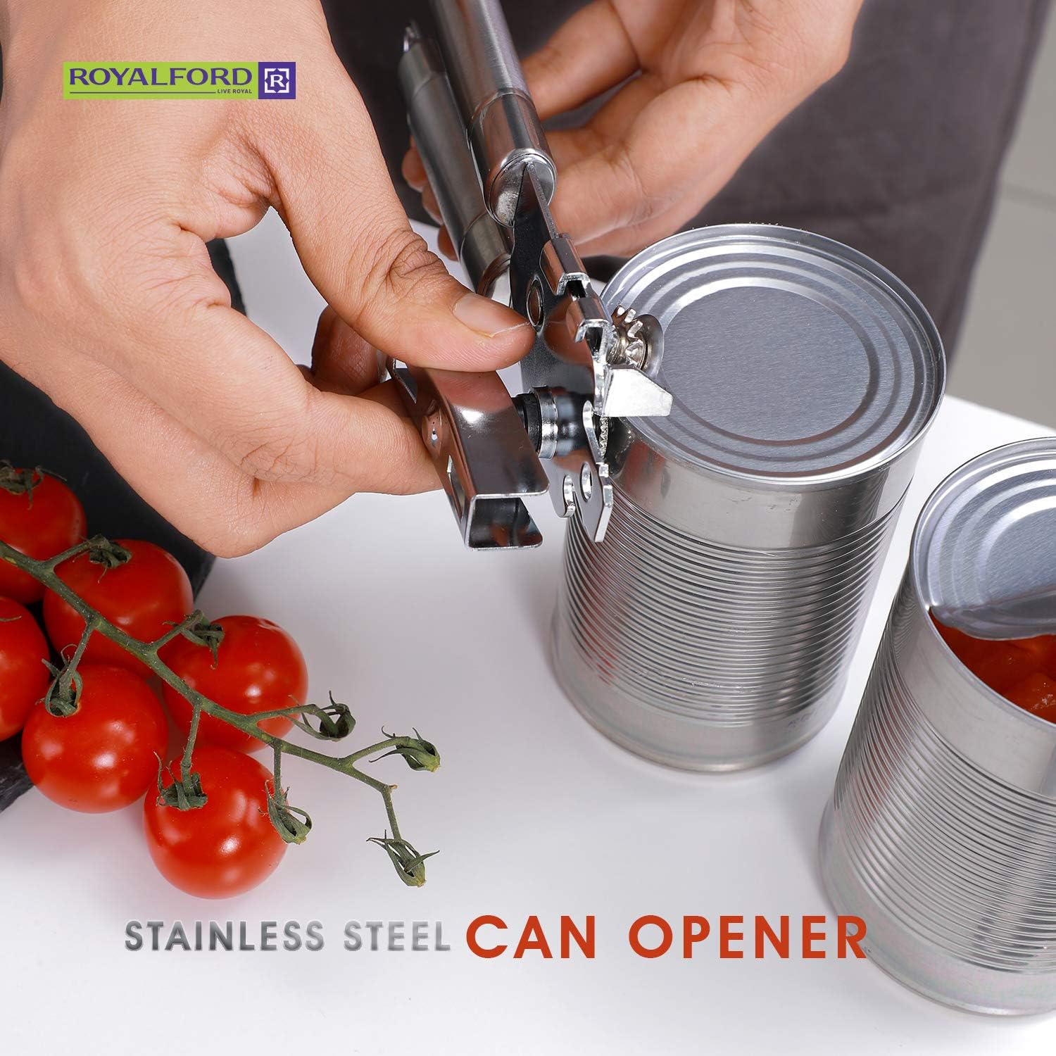 royalford 3 in 1 can opener with stainless steel tube handle | manual tin can opener | easy to use bottle cap opener, can tin & jar opener all in 1 | easy turn knob and ergonomic soft grips handles