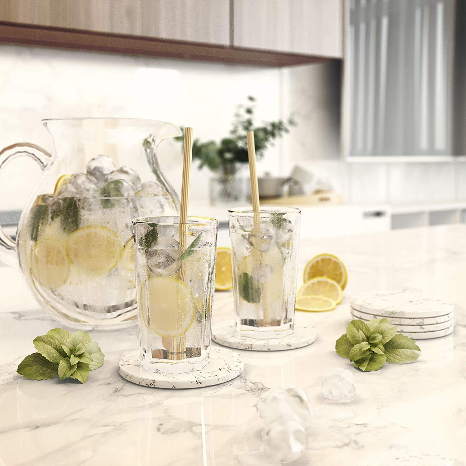 qplus drink coasters with holder, absorbent coaster sets of 6, marble style ceramic drink coaster for tabletop protection,suitable for kinds of cups, wooden table