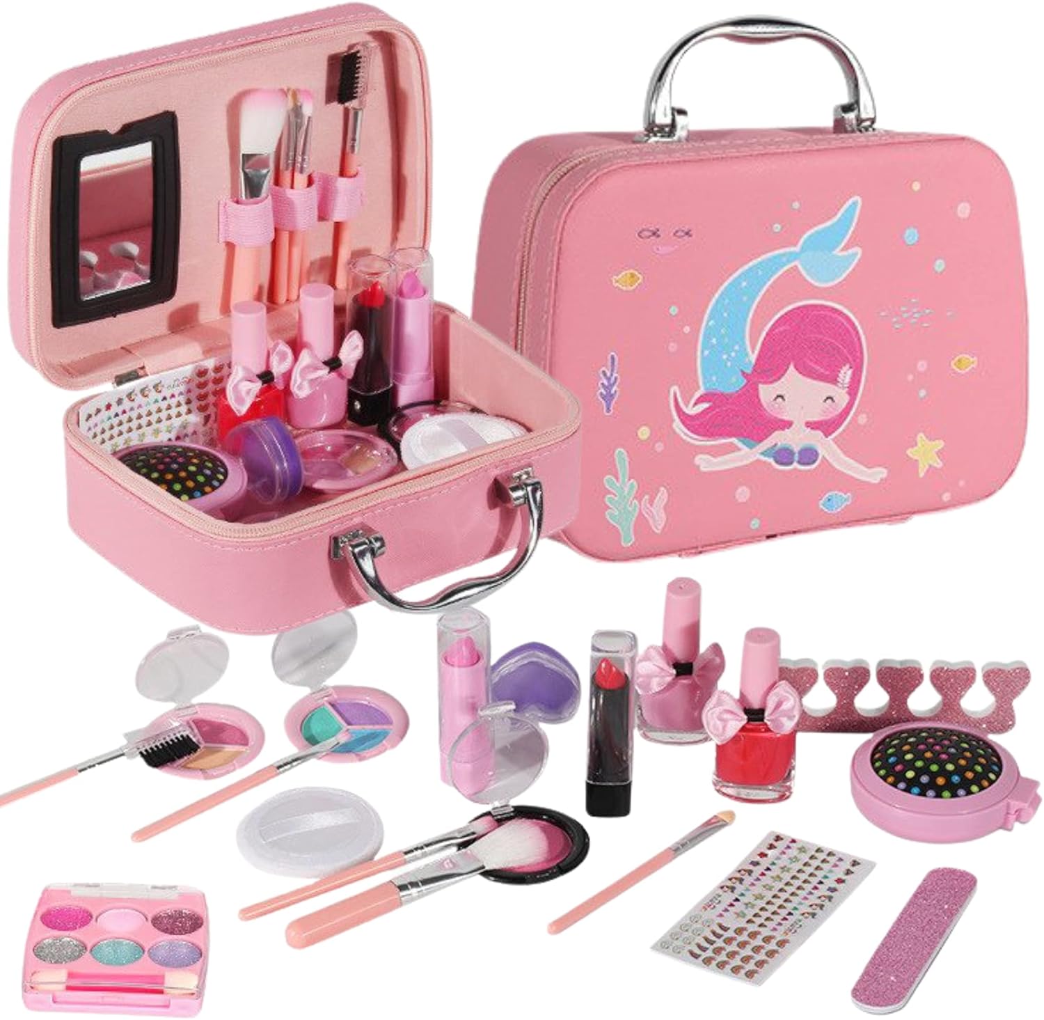 kids makeup kit for girl real washable makeup kit for little girls over 8 year old girls makeup set with cute princess cosmetic purse girls pretend play toy toys for little girls (mermaid box)