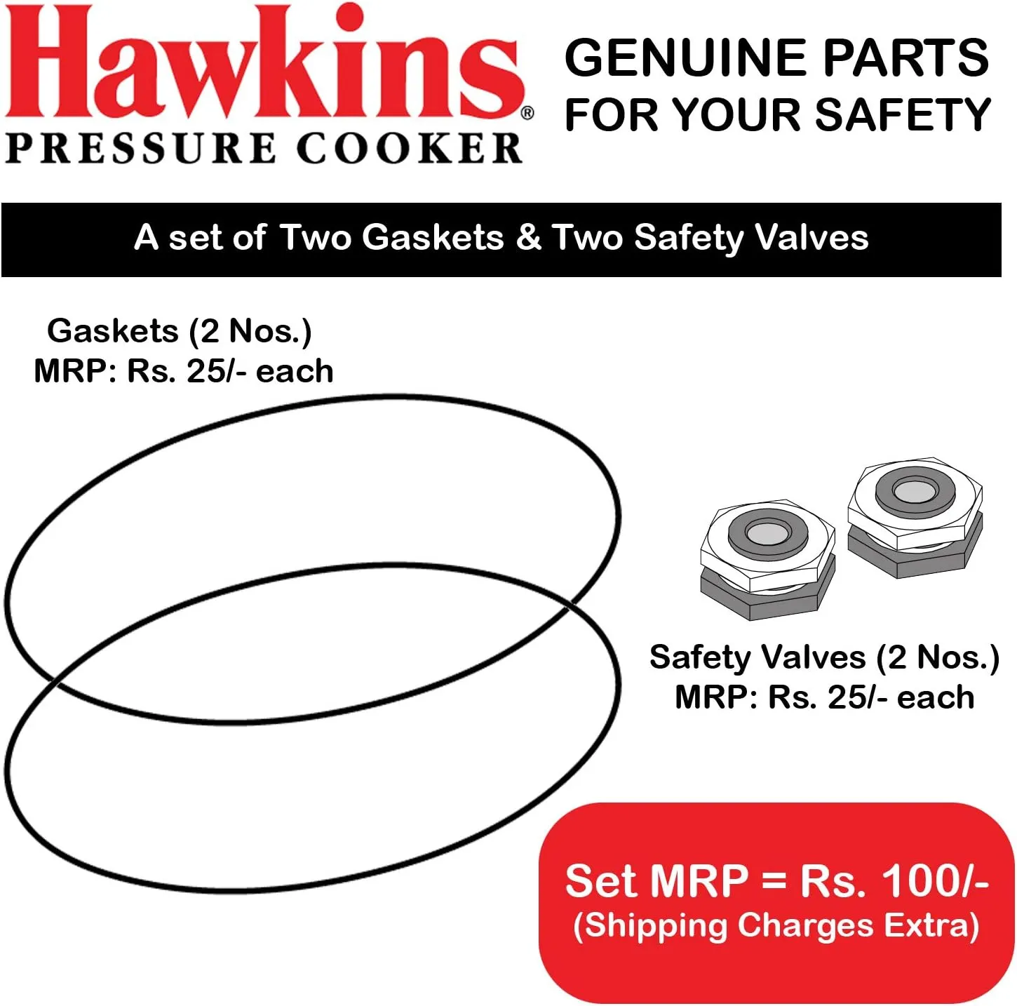 Hawkins Rubber Gasket 2 Units For 1.5liter Pressure Cooker And 2 Units Of Safety Valve, Assorted