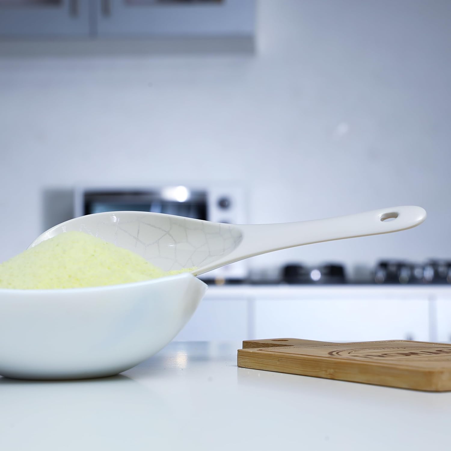 royalford melamine ware rice spoon cooking and serving spoon with grip handle and hanging loop | dishwasher safe | broad deep bowl | dinner cutlery utensil (white pearl)