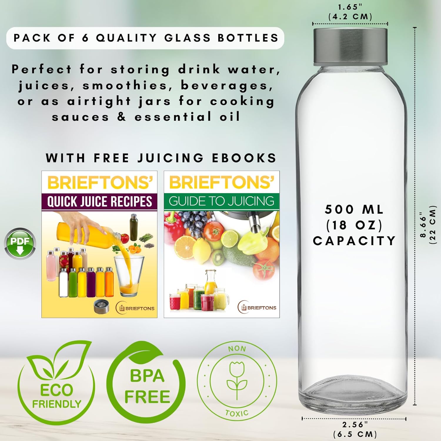 brieftons glass water bottles with caps: clear, 6 pack, 18 oz, leakproof lids, premium soda lime, best as reusable drinking bottle, sauce jar, juice beverage container, kefir kit, with cleaning brush