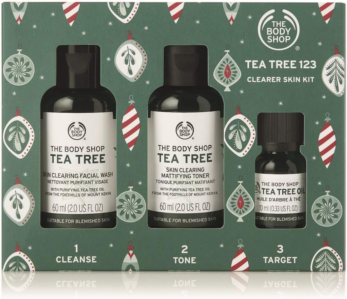 the body shop tea tree gift set, simple 3 step routine with tea tree face wash, toner, and oil