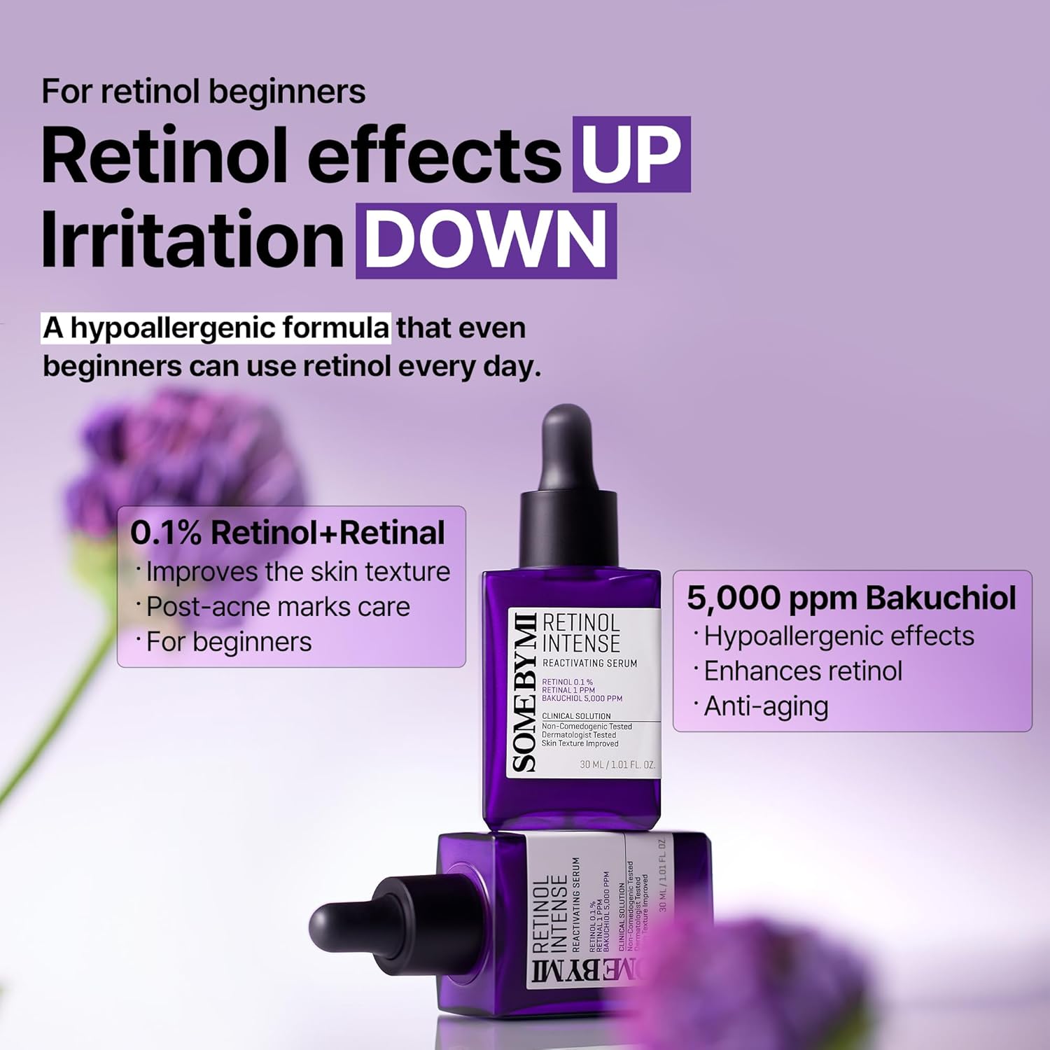 some by mi retinol intense reactivating face serum | mild 0.1% retinol serum for anti aging and glass skin | improvement of post acne marks, skin texture & elasticity | 1.01oz, 30ml