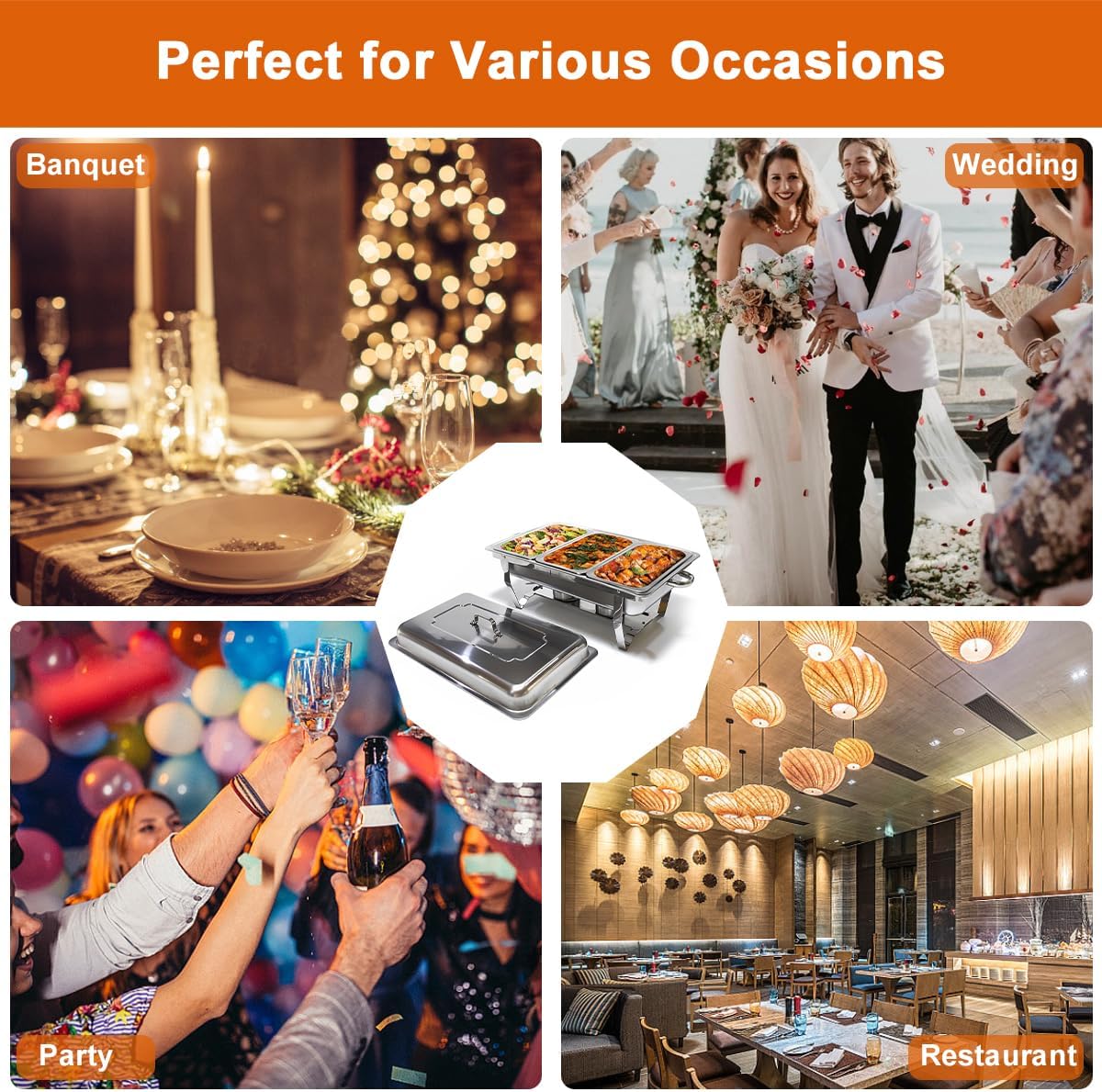 chafing dish buffet set 11l catering server chafer food warmer, stainless steel buffet stove with 3pcs 1/3 size food pans lid serving dishes for restaurant party wedding hotel chef buffet heater