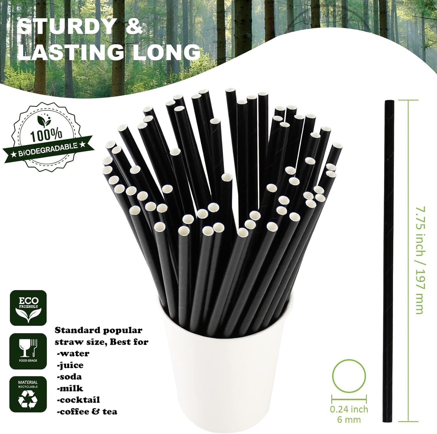 al fakhama 6 mm black paper straws (100 pcs/regular size) wrapped individually for drinking, 100% biodegradable and durable 6 mm diameter x 20 cm long pack of 100