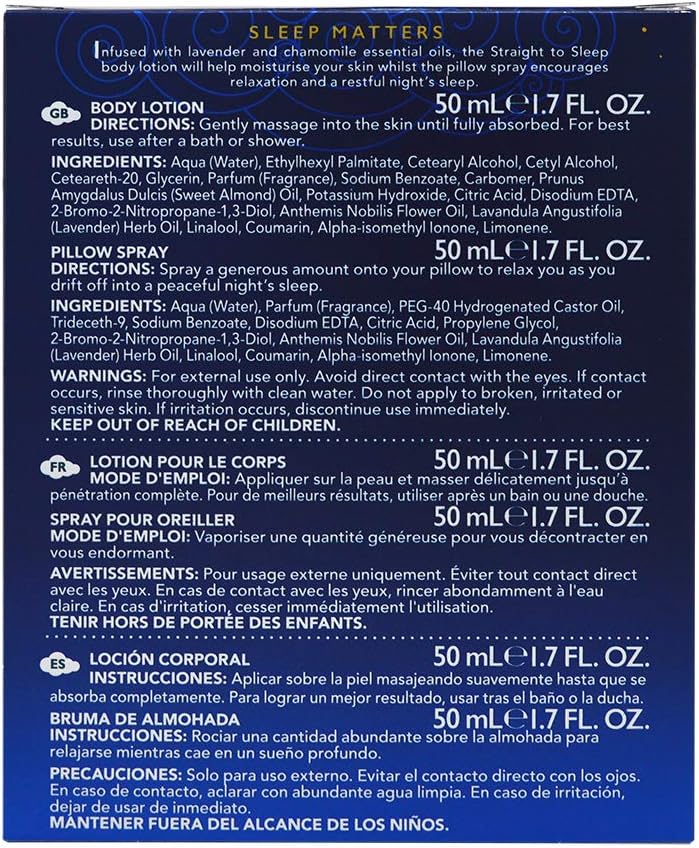 feather & down straight to sleep gift set (50ml pillow spray & 50ml body lotion) the perfect sleep duo, infused with lavender & chamomile essential oils. vegan friendly & cruelty free.