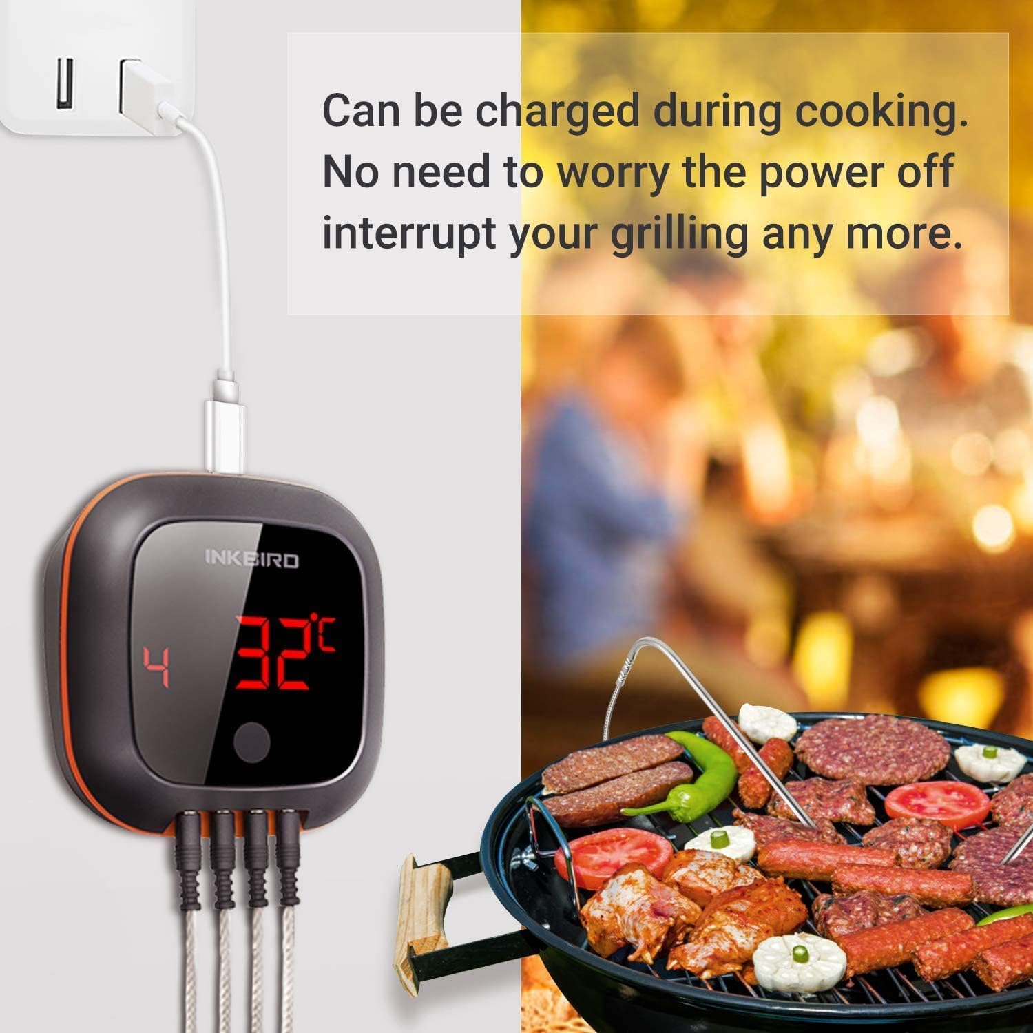 inkbird meat probe ibt 4xs bluetooth wireless grill bbq digital thermometer for grilling weber barbecue cooking kitchen food thermometers for smoker oven candy (ibt 4xs+ 4 probes)