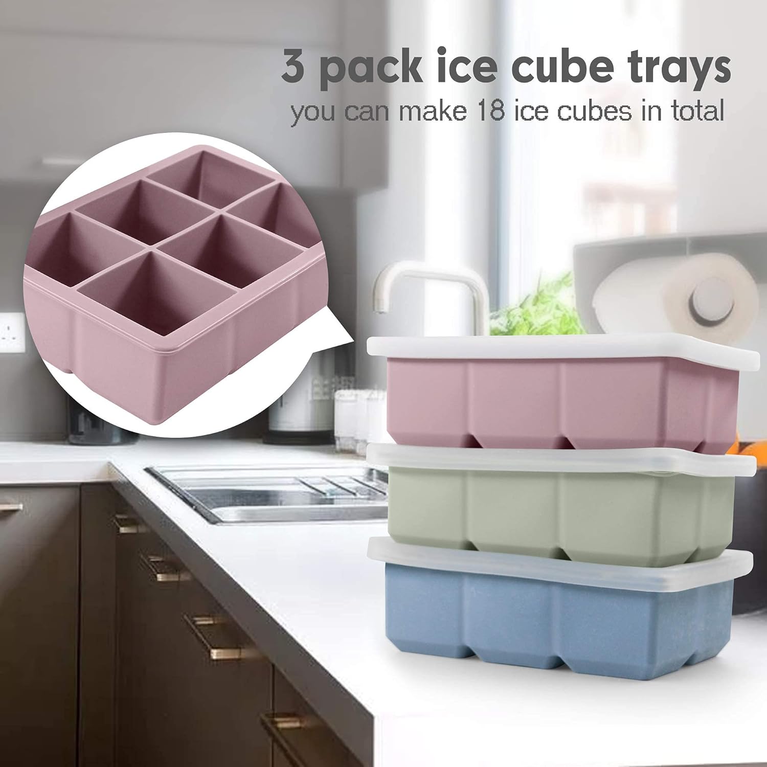 excnorm silicone ice cube trays 3 pack large size silicone ice cube molds with leak proof removable lid square ice cube tray and bpa free for cocktail,whiskey, stackable flexible ice