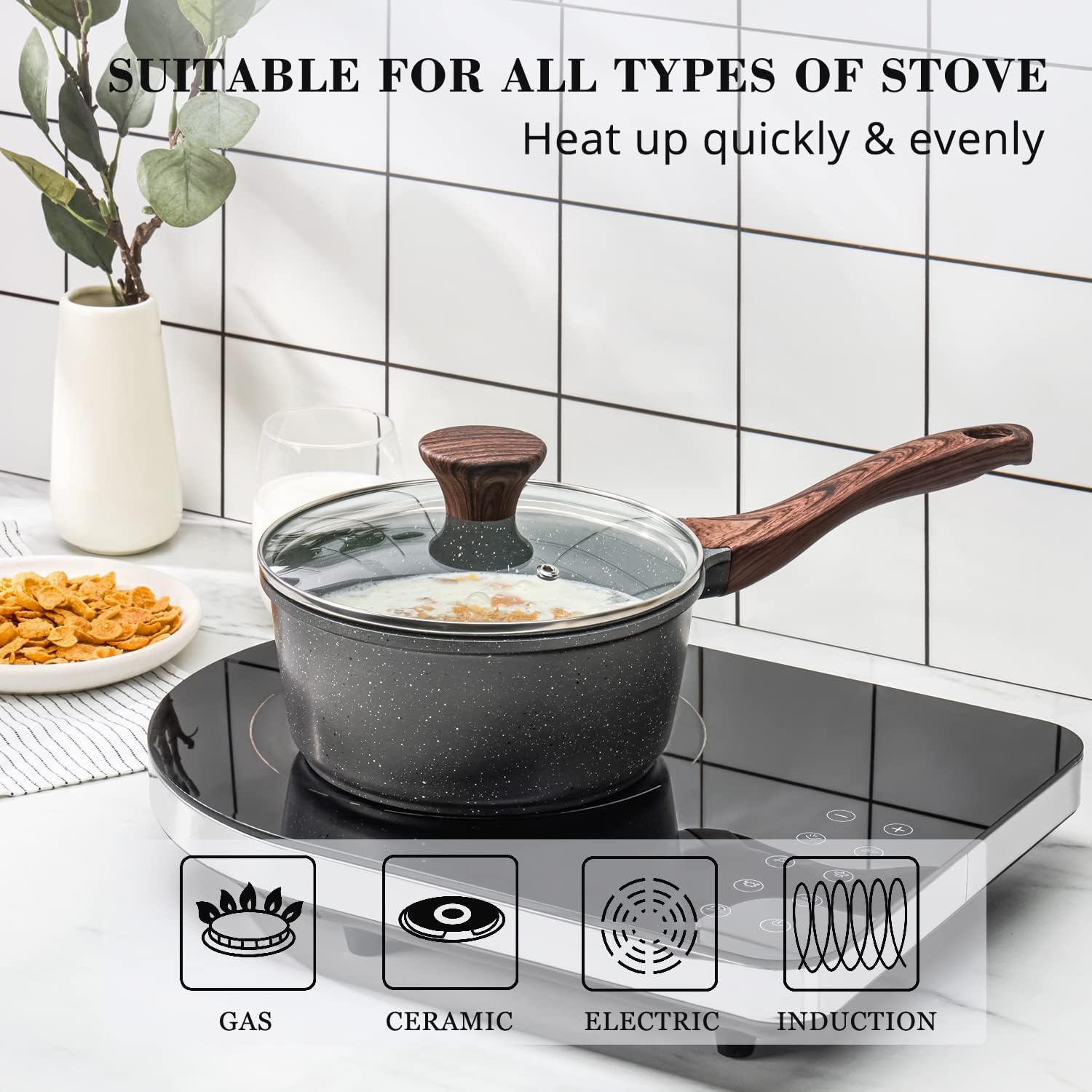 sensarte nonstick sauce pan with lid, 2qt small sauce pot with swiss granite coating, stay cool handle, multipurpose handy little saucepan, induction capable, pfoa free(18 cm)