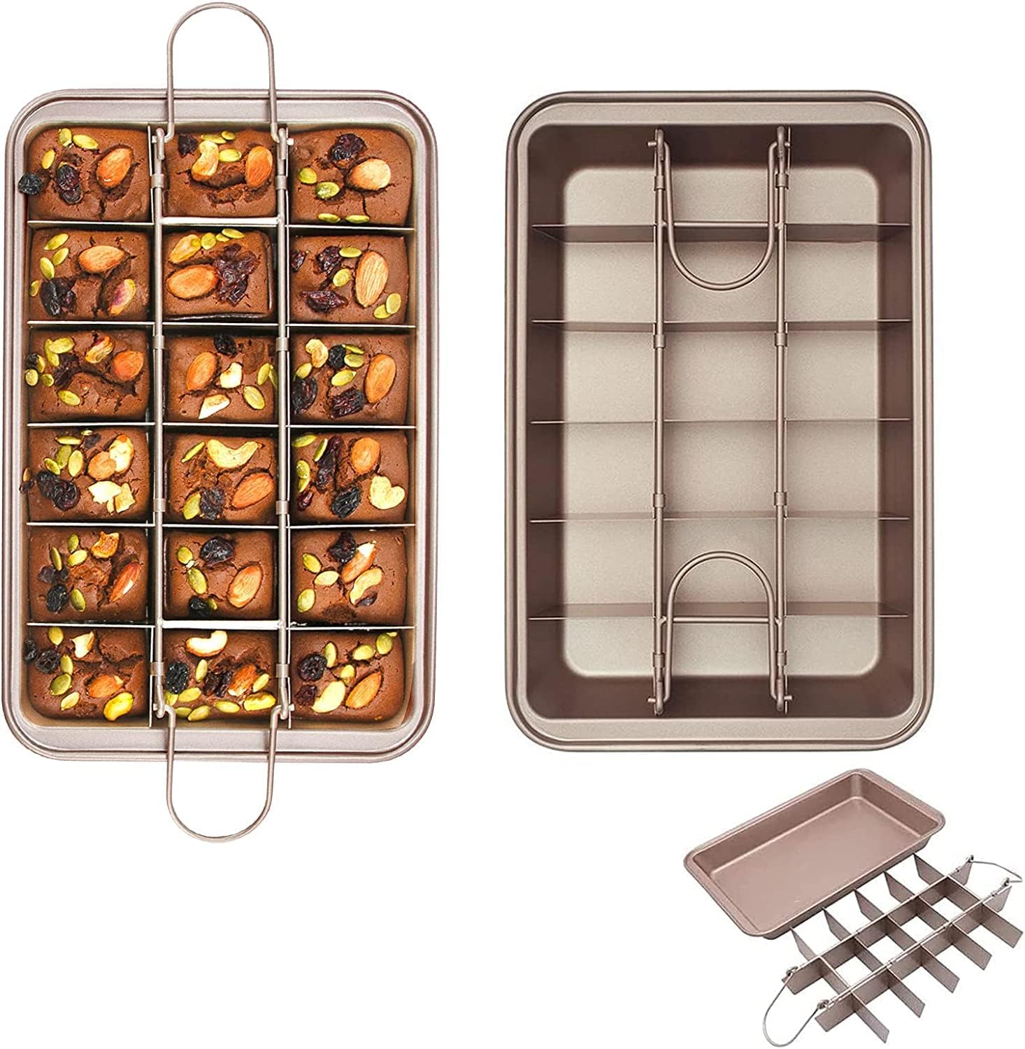 brownie cake pan, non stick brownie pan with dividers, 18 pre slice baking tray, slice solutions cake bakeware, square baking pan with built in slicer, carbon steel bakeware for oven baking, 12*8*2 in