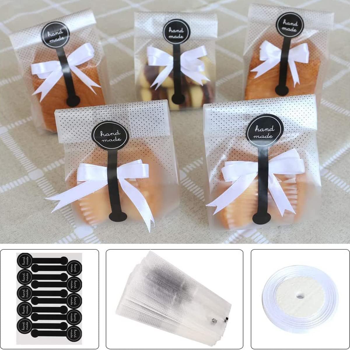 ecvv 100pcs bread packaging bags translucent plastic bags cellophane pastry treat bags valentine gift bags for candies cookies chocolate with stickers