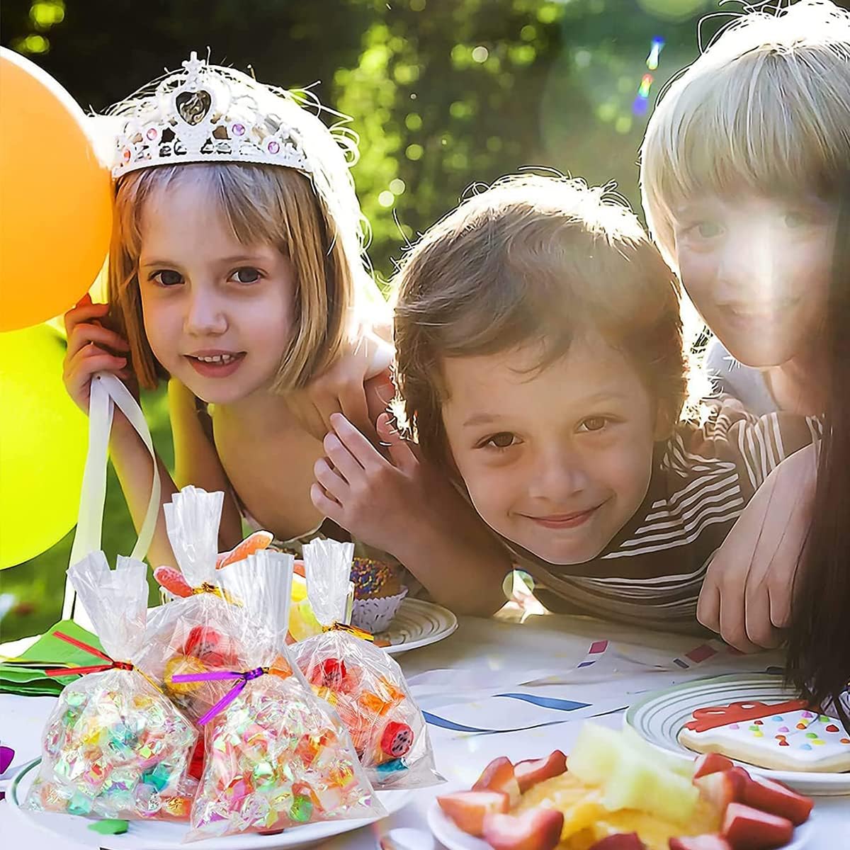 ecvv 100pcs clear cellophane treat bags with twist ties self adhesive cookie bags packing supplies for party favor, candy, cookie, popcorn, dessert, bakery