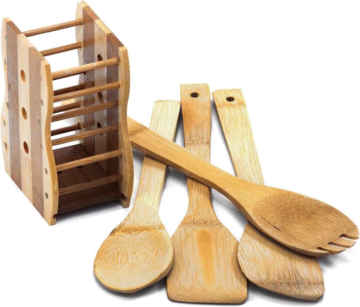 royalford 4 pieces pure bamboo wooden solid turner, spatula, slotted spoon & spoon kitchen essentials cooking utensils tool set