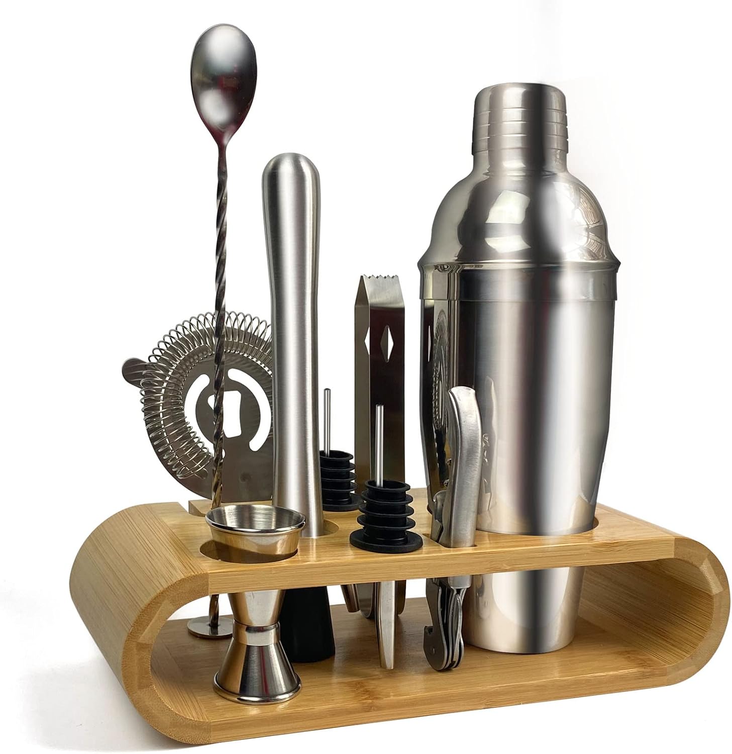 sky touch 11 piece bar tool set with stylish bamboo stand perfect home bartending kit and martini cocktail shaker set for an awesome drink mixing experience