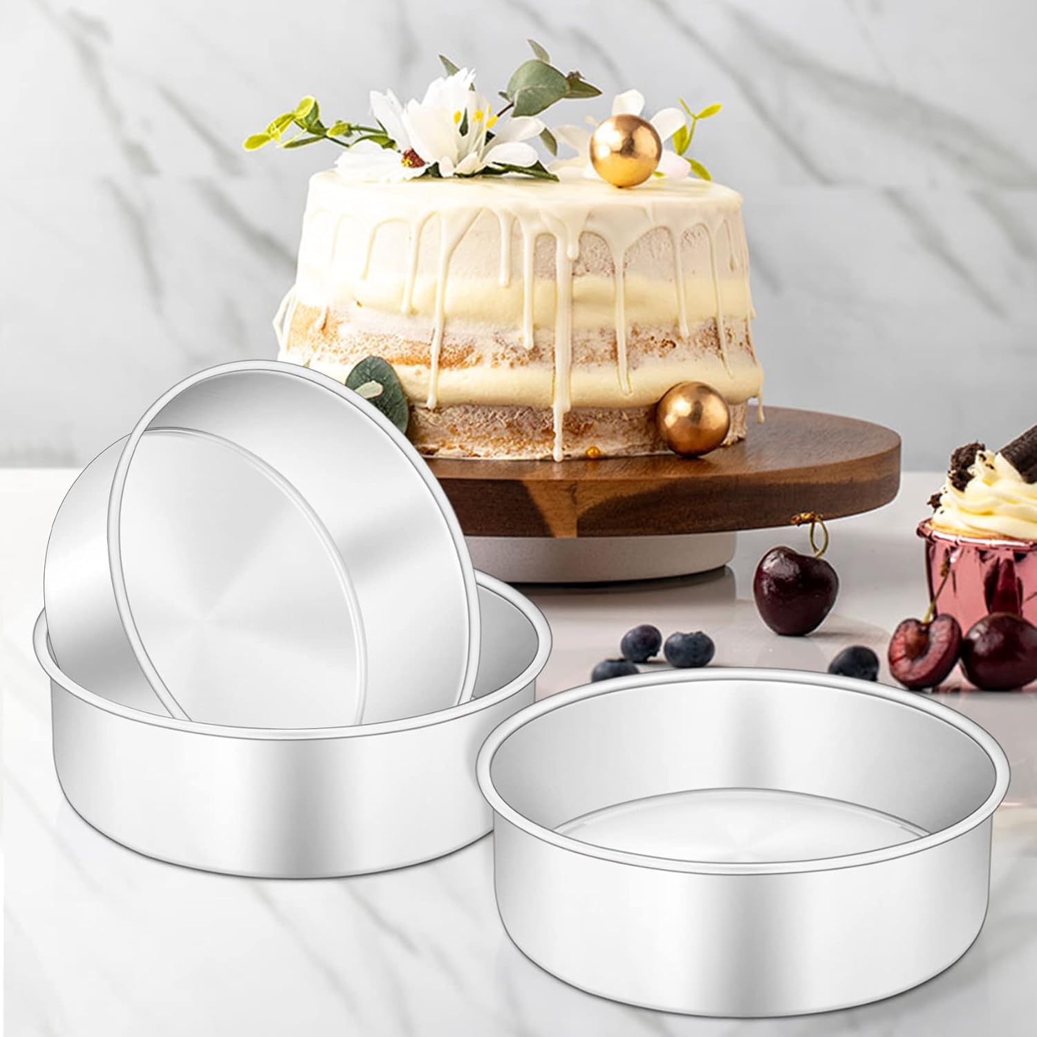 onader cake tin, 6 inch round cake tins, 3pcs stainless steel cake pan tray for baking, bakeware set for birthday christmas wedding layer cakes, heavy duty & healthy, mirror finished & dishwasher safe
