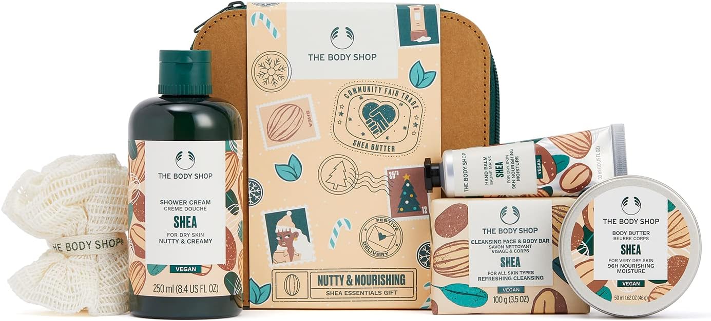 the body shop nutty & nourishing shea essentials gift set – hydrating & moisturizing vegan skincare treats for very dry skin – 5 items