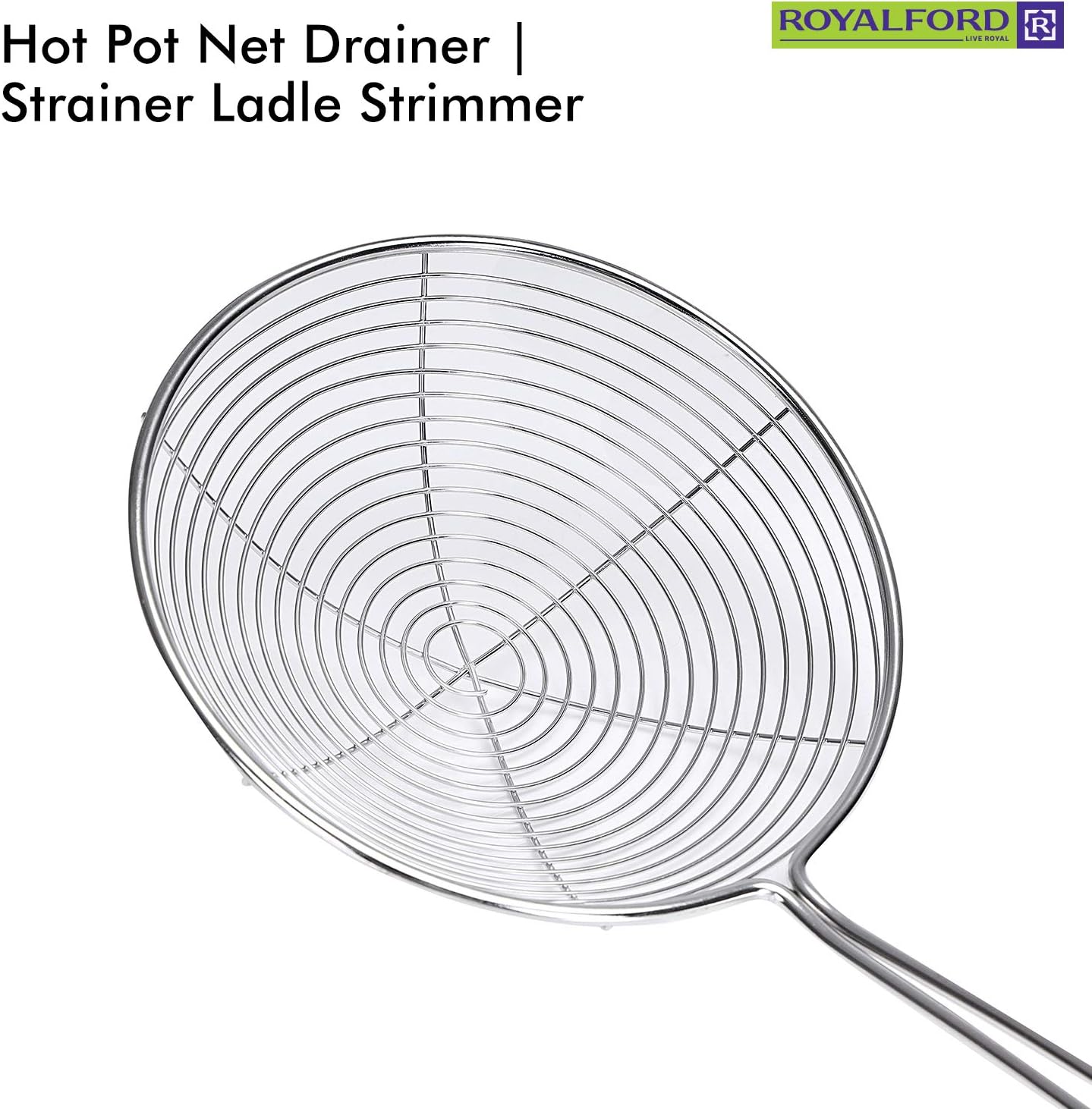 royalford stainless steel skimmer stainless steel wire skimmer spoon with handle for kitchen frying food, pasta, spaghetti, noodle, fries – hot pot net drainer/strainer ladle strimmer – 16.5cm