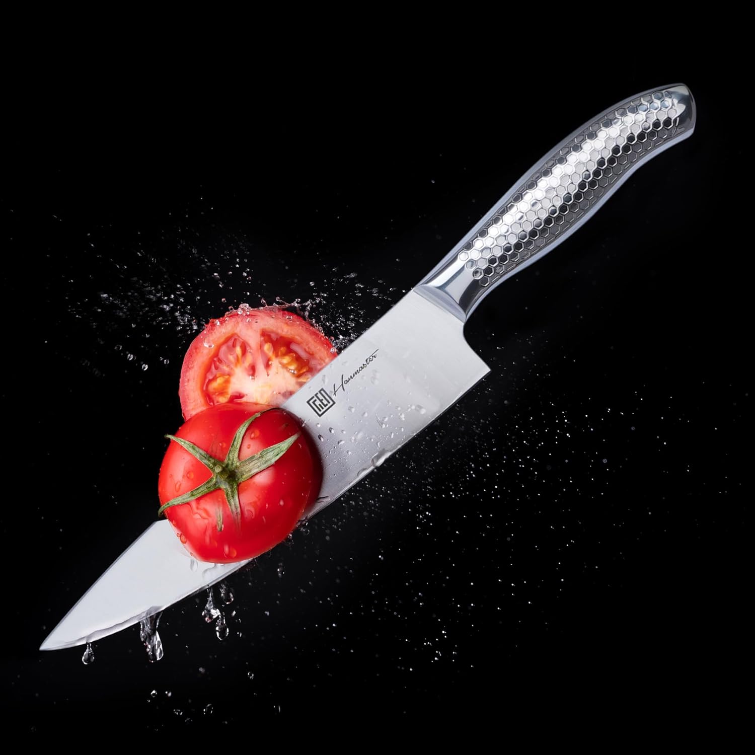 hanmaster kitchen knife set, one piece stainless steel knife sets for kitchen with block, 6 pieces solid natural wood knife block set, gift box packed, silver.