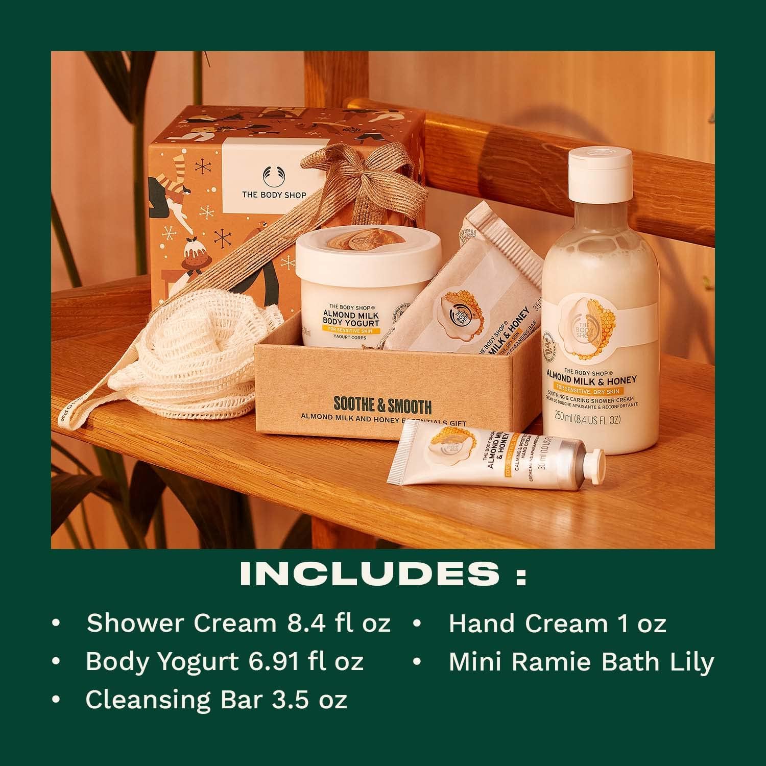 the body shop soothe & smooth almond milk & honey essentials gift set, hydrating & moisturizing skincare treats for dry and sensitive skin, 5 count