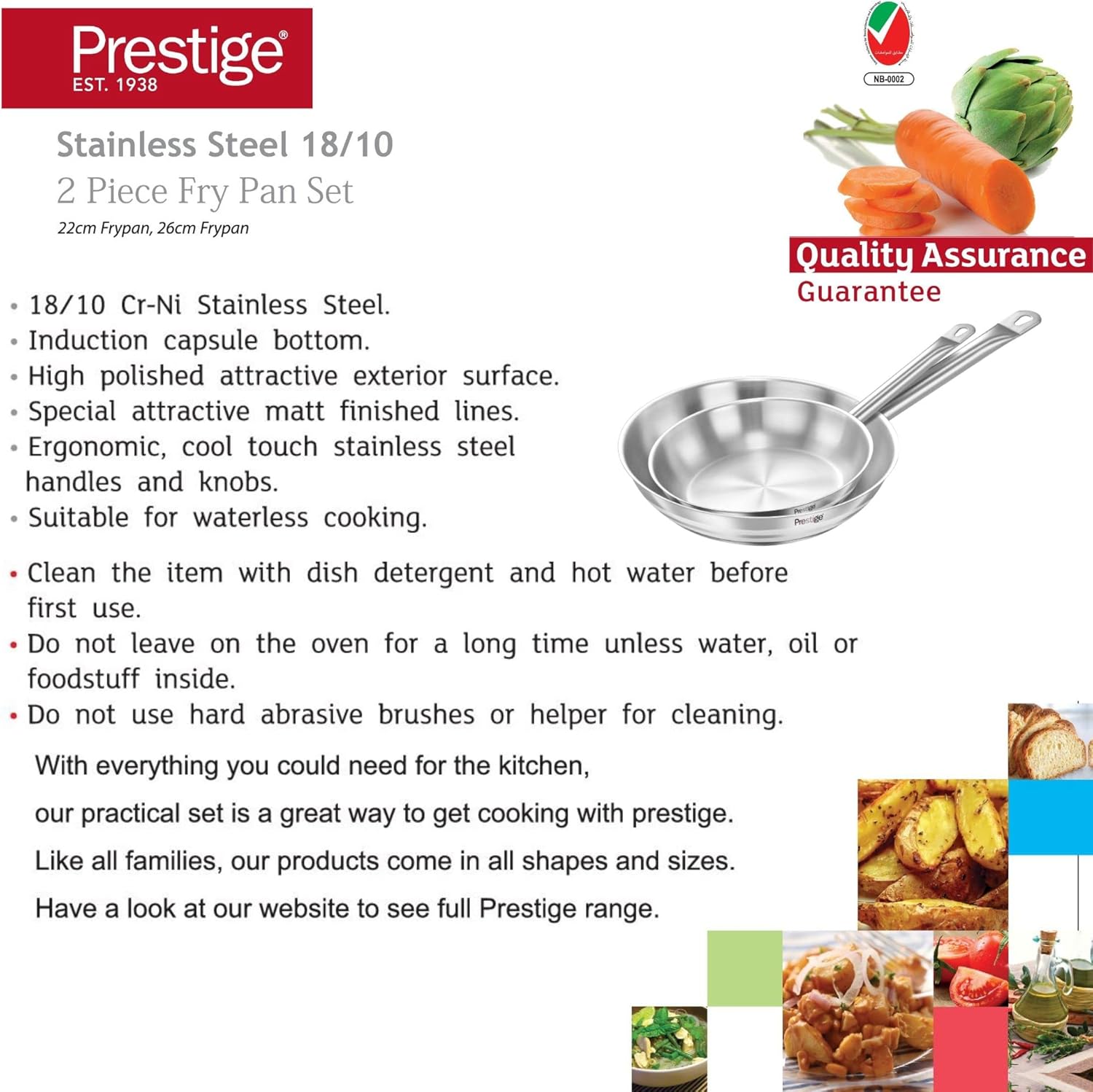 prestige stainless steel 2 piece fry pan set, silver, 22x26 cm
